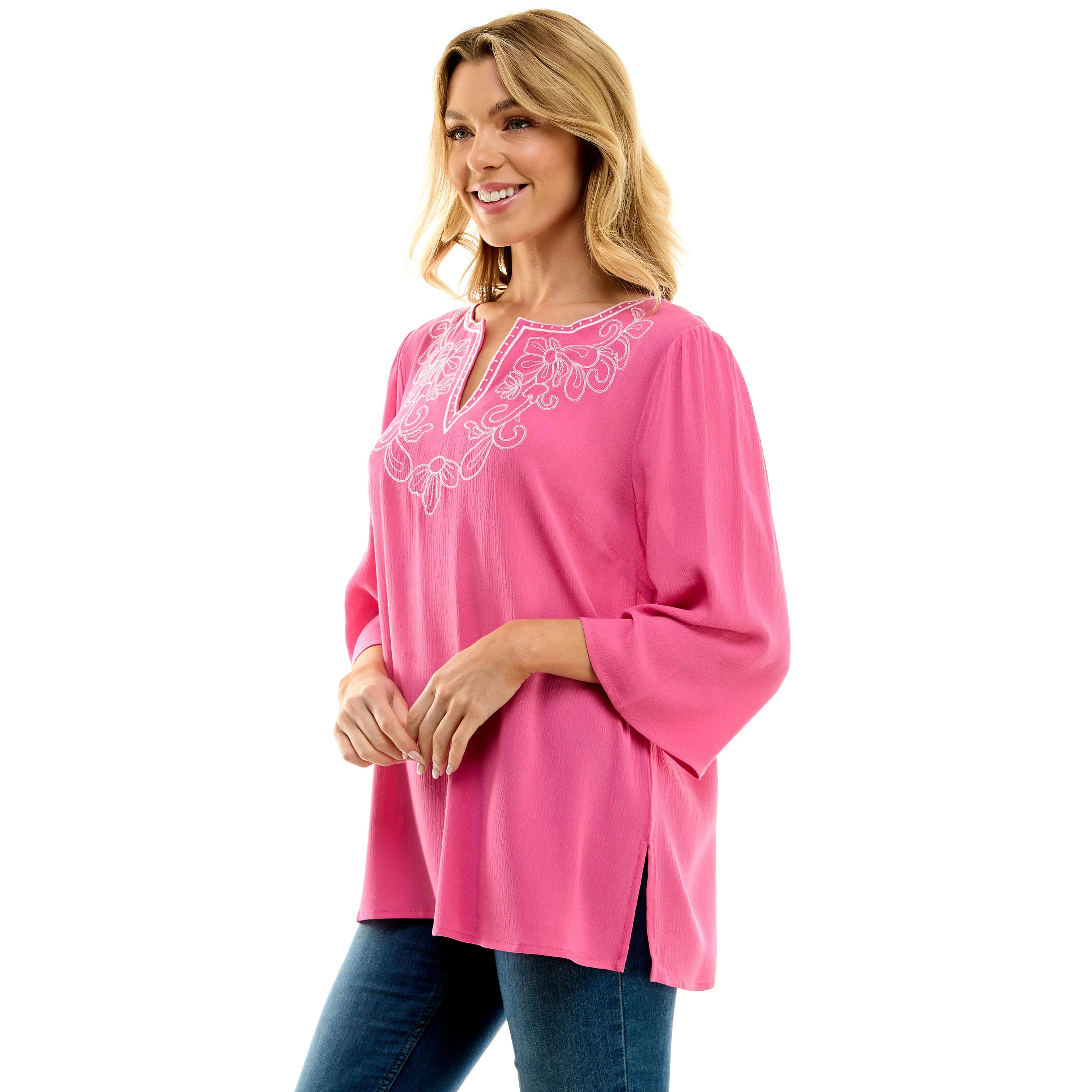 Roz and Ali 3/4 Flare Sleeve Embroidered Yoke Tunic in Pink sold by Dress Barn product image thumbnail 3