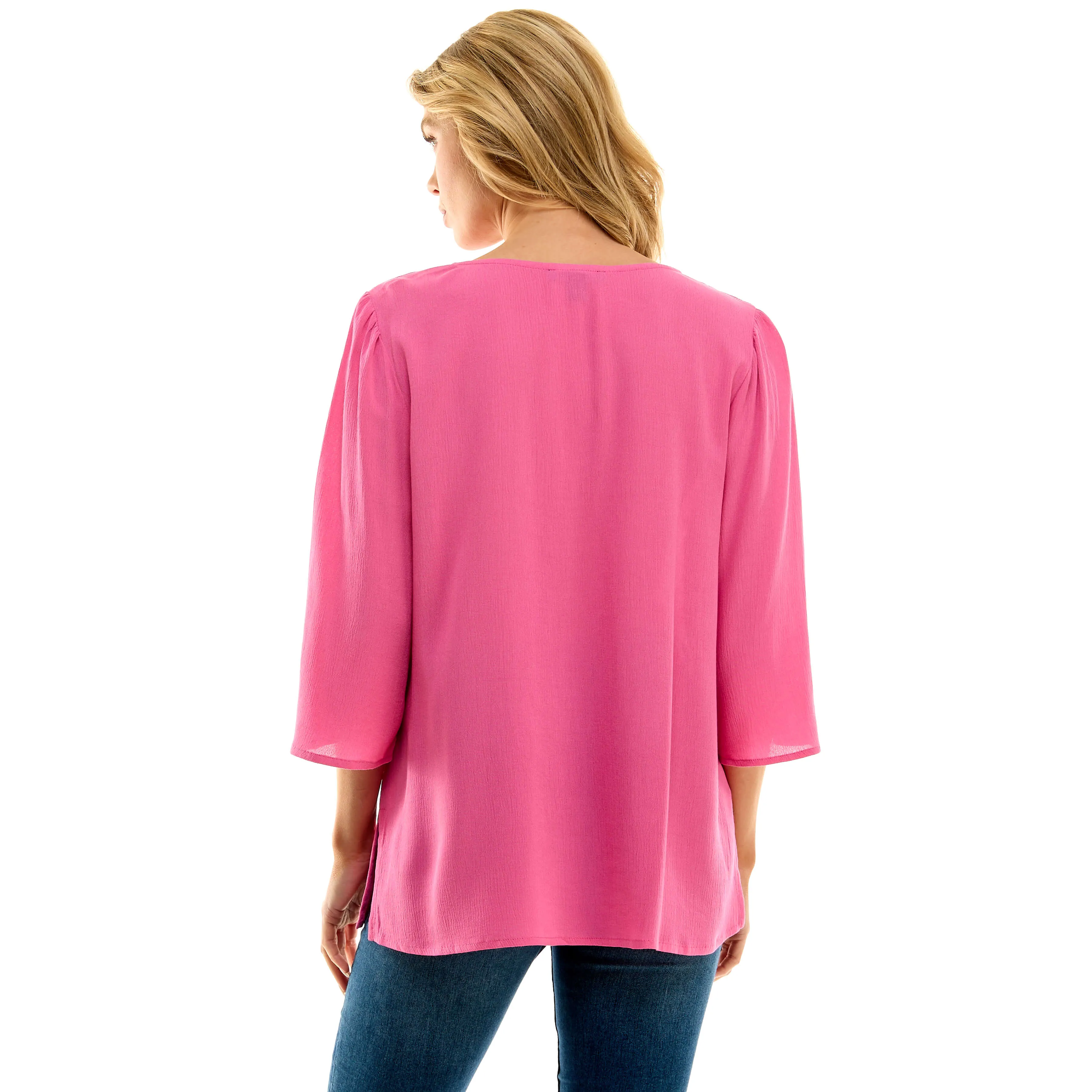 Roz and Ali 3/4 Flare Sleeve Embroidered Yoke Tunic in Pink sold by Dress Barn product image thumbnail 4
