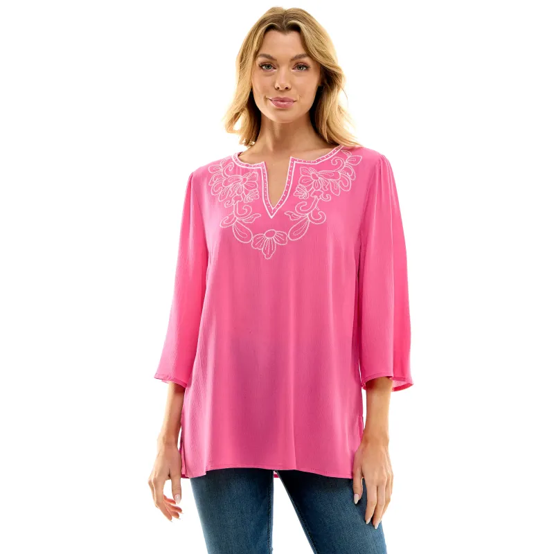 Roz and Ali 3/4 Flare Sleeve Embroidered Yoke Tunic in Pink sold by Dress Barn