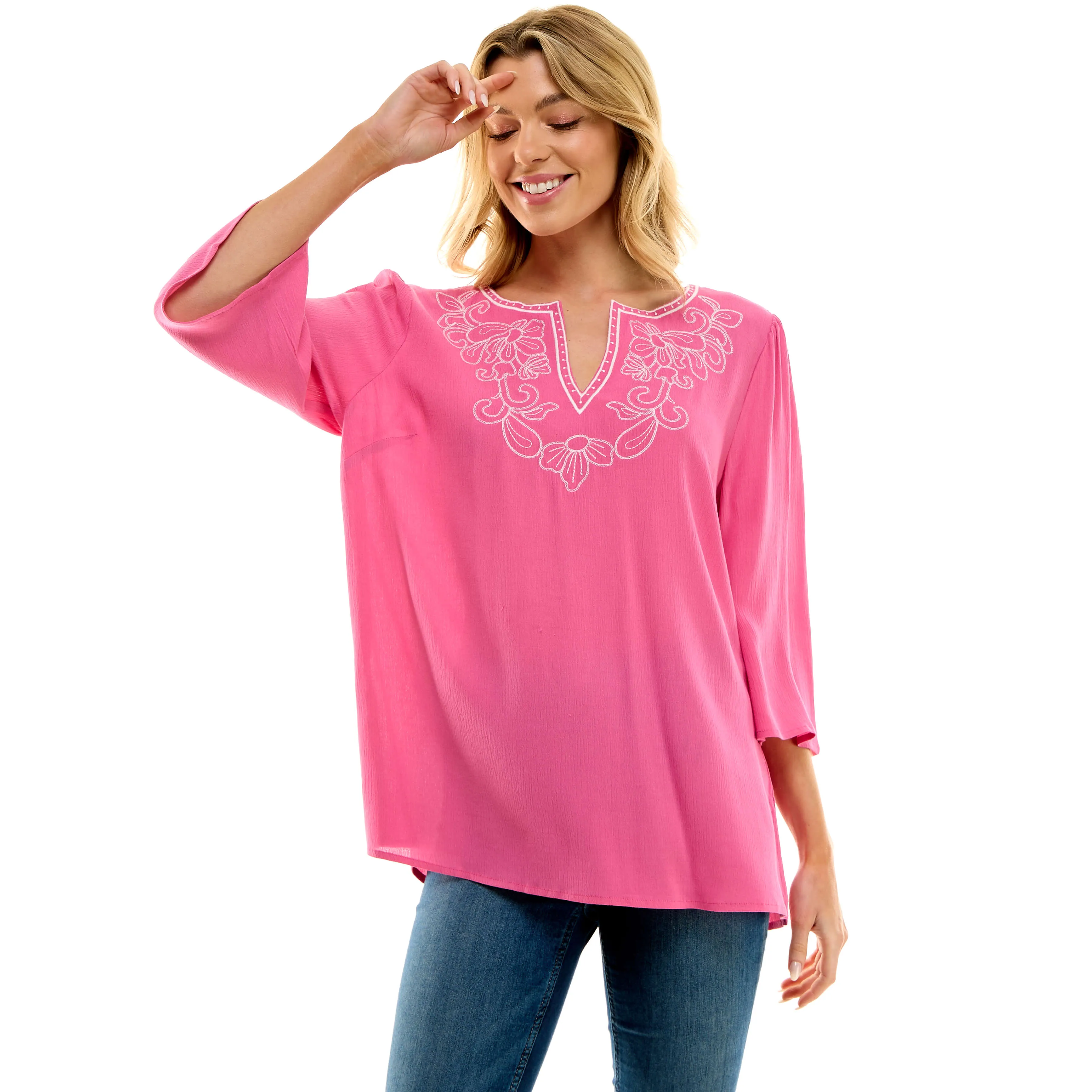 Roz and Ali 3/4 Flare Sleeve Embroidered Yoke Tunic in Pink sold by Dress Barn product image thumbnail 2