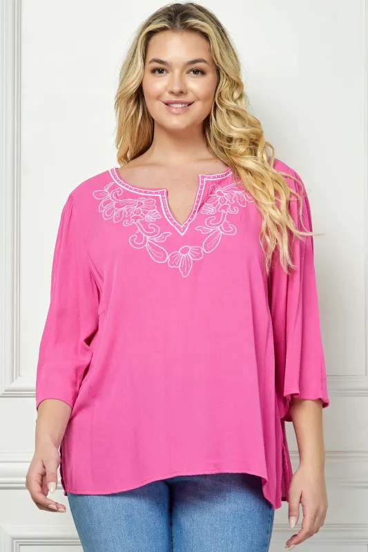 Roz and Ali 3/4 Flare Sleeve Embroidered Yoke Tunic in Pink - Plus sold by Dress Barn