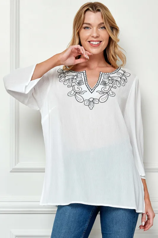 Roz and Ali 3/4 Flare Sleeve Embroidered Yoke Tunic in White sold by Dress Barn