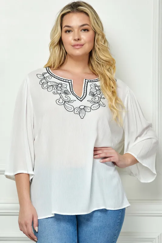 Roz and Ali 3/4 Flare Sleeve Embroidered Yoke Tunic in White - Plus sold by Dress Barn