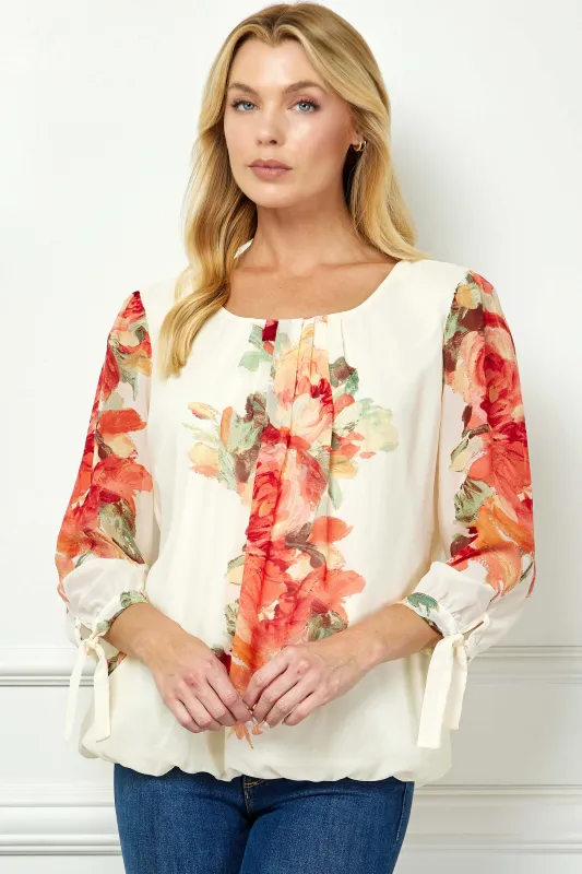 3/4 Tie Sleeve Pleat Neck Bubble Blouse in Cream sold by Dress Barn