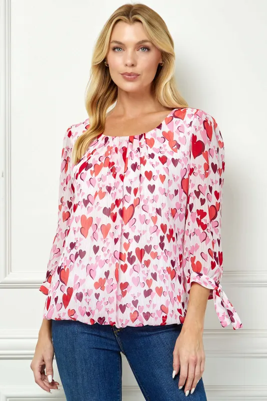 3/4 Tie Sleeve Pleat Neck Bubble Blouse in Red Multi sold by Dress Barn