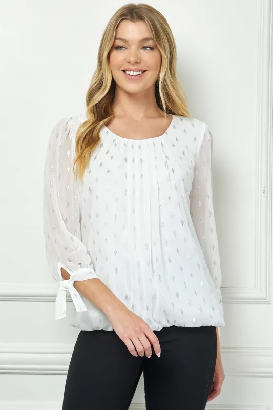 3/4 Tie Sleeve Pleat Neck Foil Bubble Blouse in Ivory/Silver sold by Dress Barn
