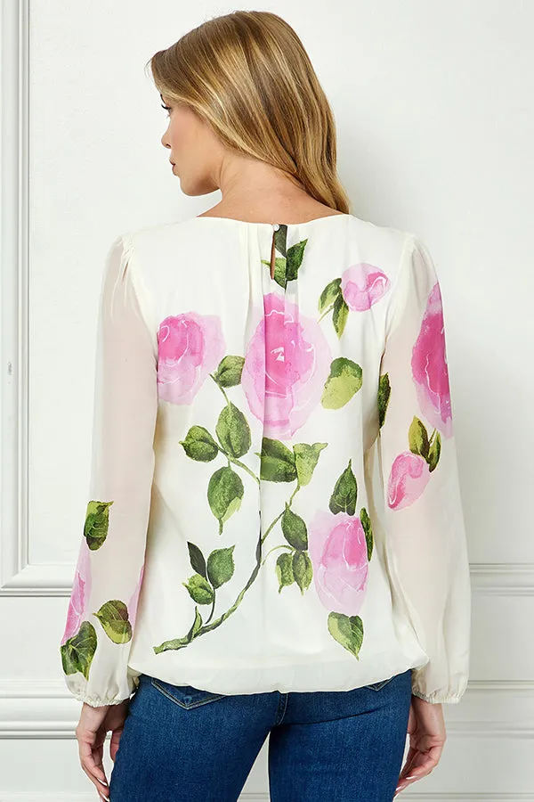 Long Sleeve Pleat Neck Placement Print Bubble Blouse in Ivory sold by Dress Barn product image thumbnail 4