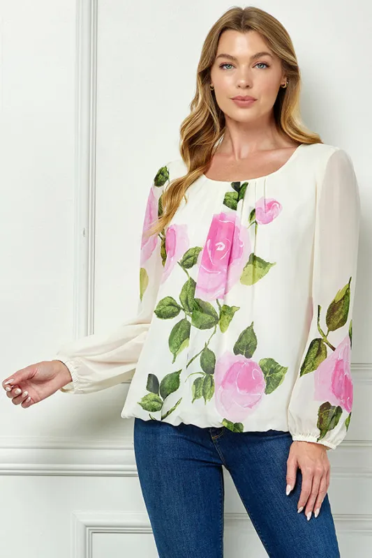 Long Sleeve Pleat Neck Placement Print Bubble Blouse in Ivory sold by Dress Barn