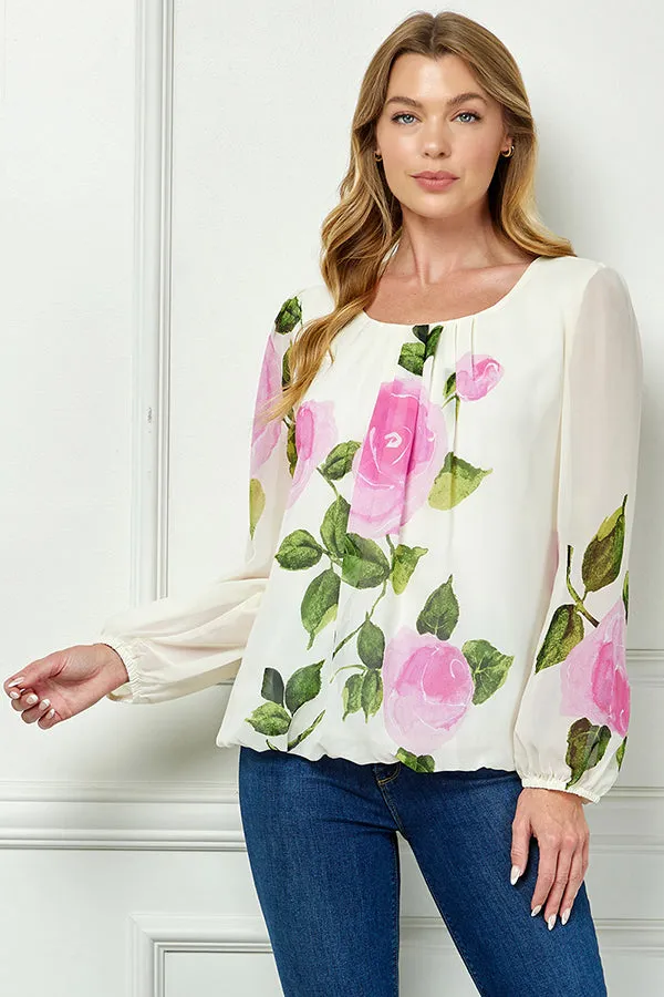 Long Sleeve Pleat Neck Placement Print Bubble Blouse in Ivory sold by Dress Barn