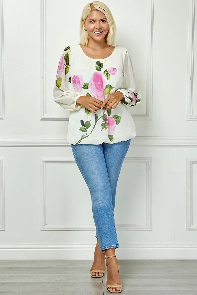 Long Sleeve Pleat Neck Placement Print Bubble Blouse in Ivory - Plus sold by Dress Barn product image thumbnail 2