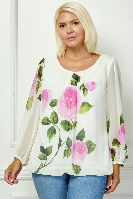 Long Sleeve Pleat Neck Placement Print Bubble Blouse in Ivory - Plus sold by Dress Barn