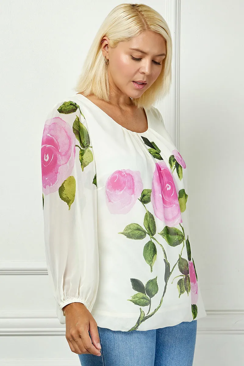 Long Sleeve Pleat Neck Placement Print Bubble Blouse in Ivory - Plus sold by Dress Barn product image thumbnail 3