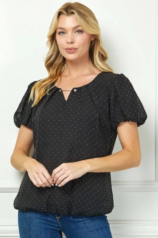Short Puff Sleeve Cutout Neck Bubble Blouse in Black sold by Dress Barn