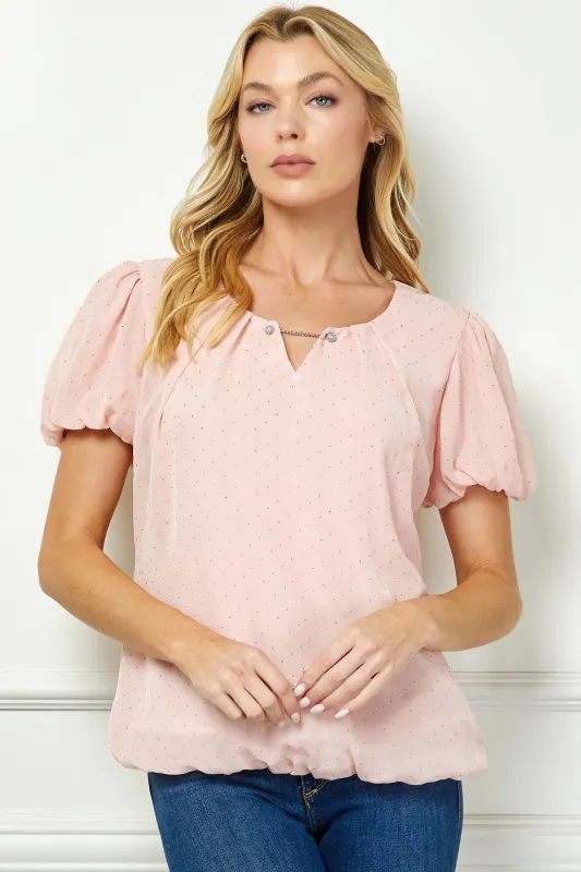 Short Puff Sleeve Cutout Neck Bubble Blouse in Peach sold by Dress Barn