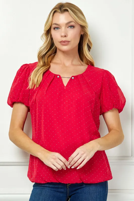 Short Puff Sleeve Cutout Neck Bubble Blouse in Red sold by Dress Barn