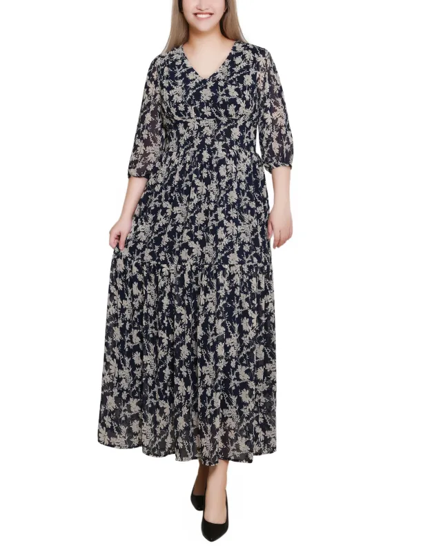 Navy White Floral Elbow Sleeve Tiered Midi Dress made by Dress Barn
