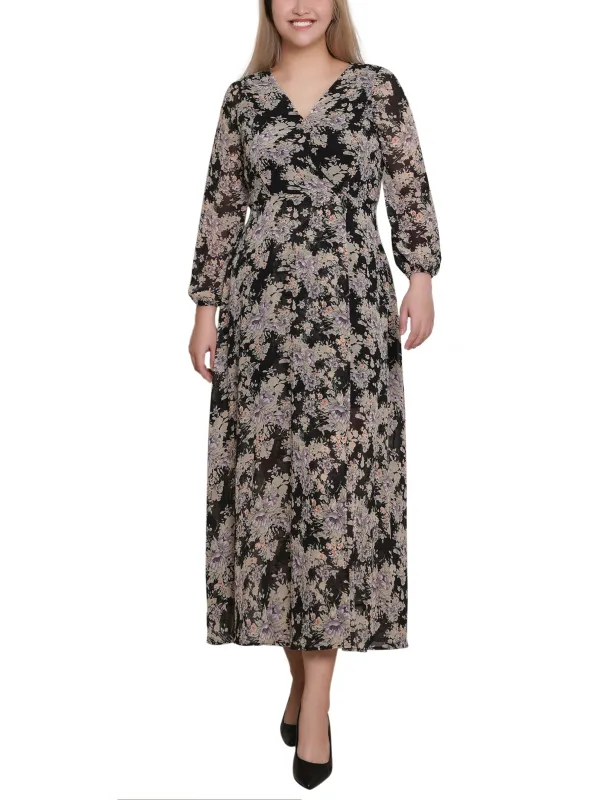 Black Ivory Floral 3/4 Sleeve Surplice Midi Dress made by Dress Barn