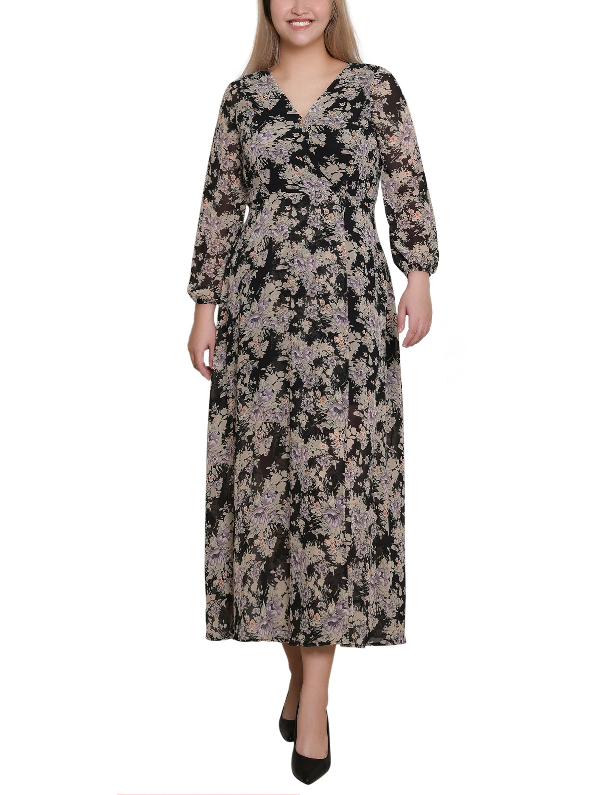Black Ivory Floral 3/4 Sleeve Surplice Midi Dress sold by Dress Barn