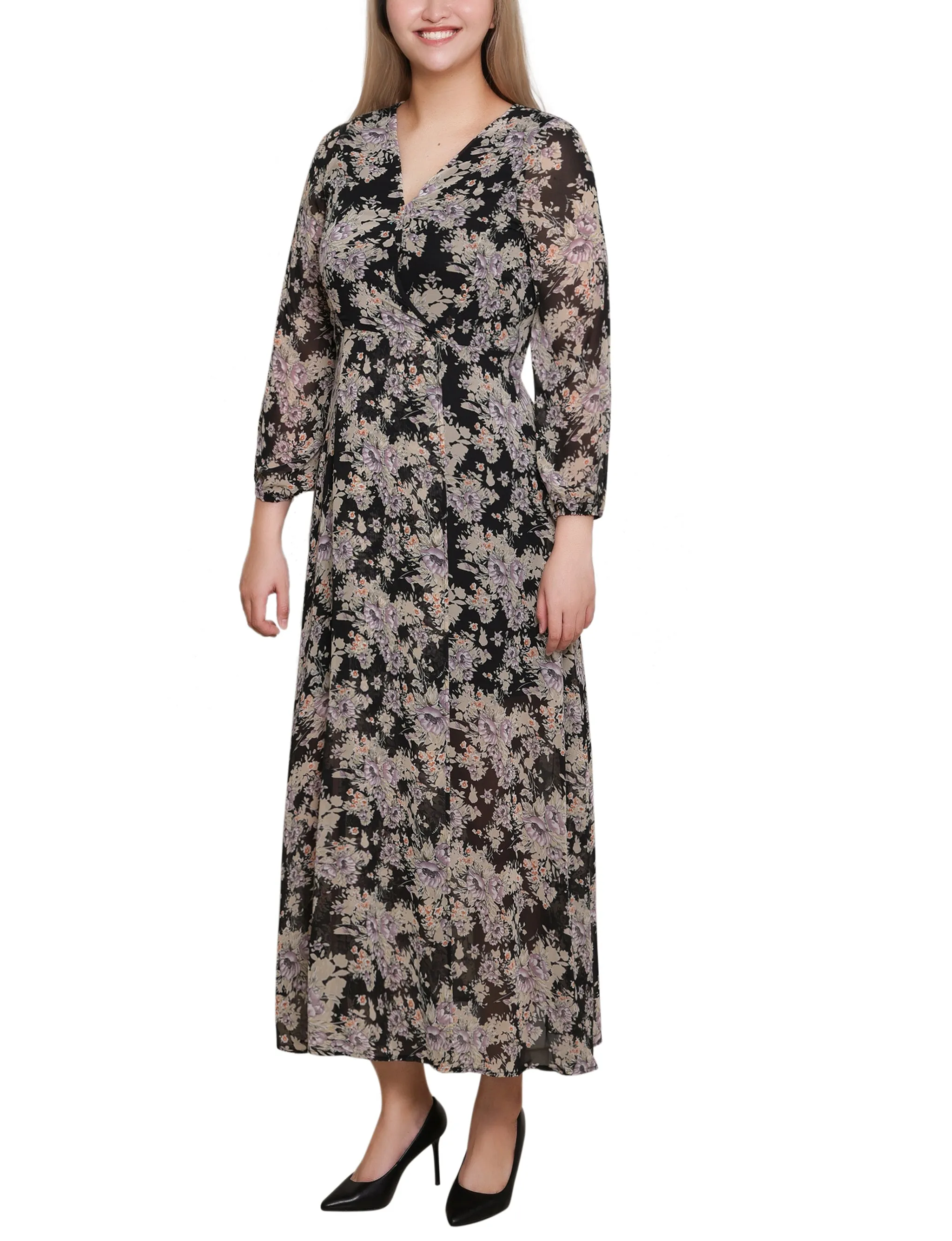 Black Ivory Floral 3/4 Sleeve Surplice Midi Dress sold by Dress Barn product image thumbnail 2