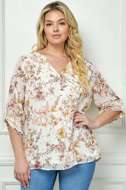 3/4 Button Tab Sleeve Mandarin Collar Blouse in Ivory - Plus sold by Dress Barn