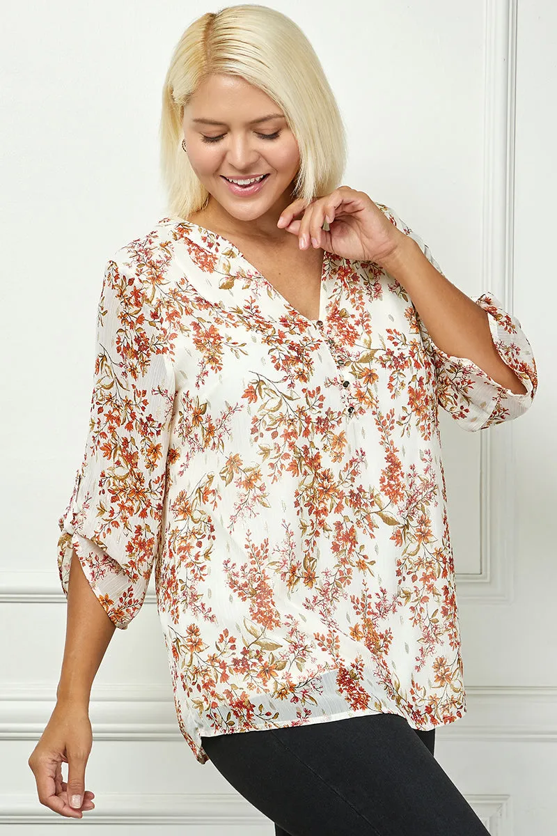 3/4 Button Tab Sleeve Mandarin Collar Blouse in Ivory/Olive - Plus sold by Dress Barn product image thumbnail 3