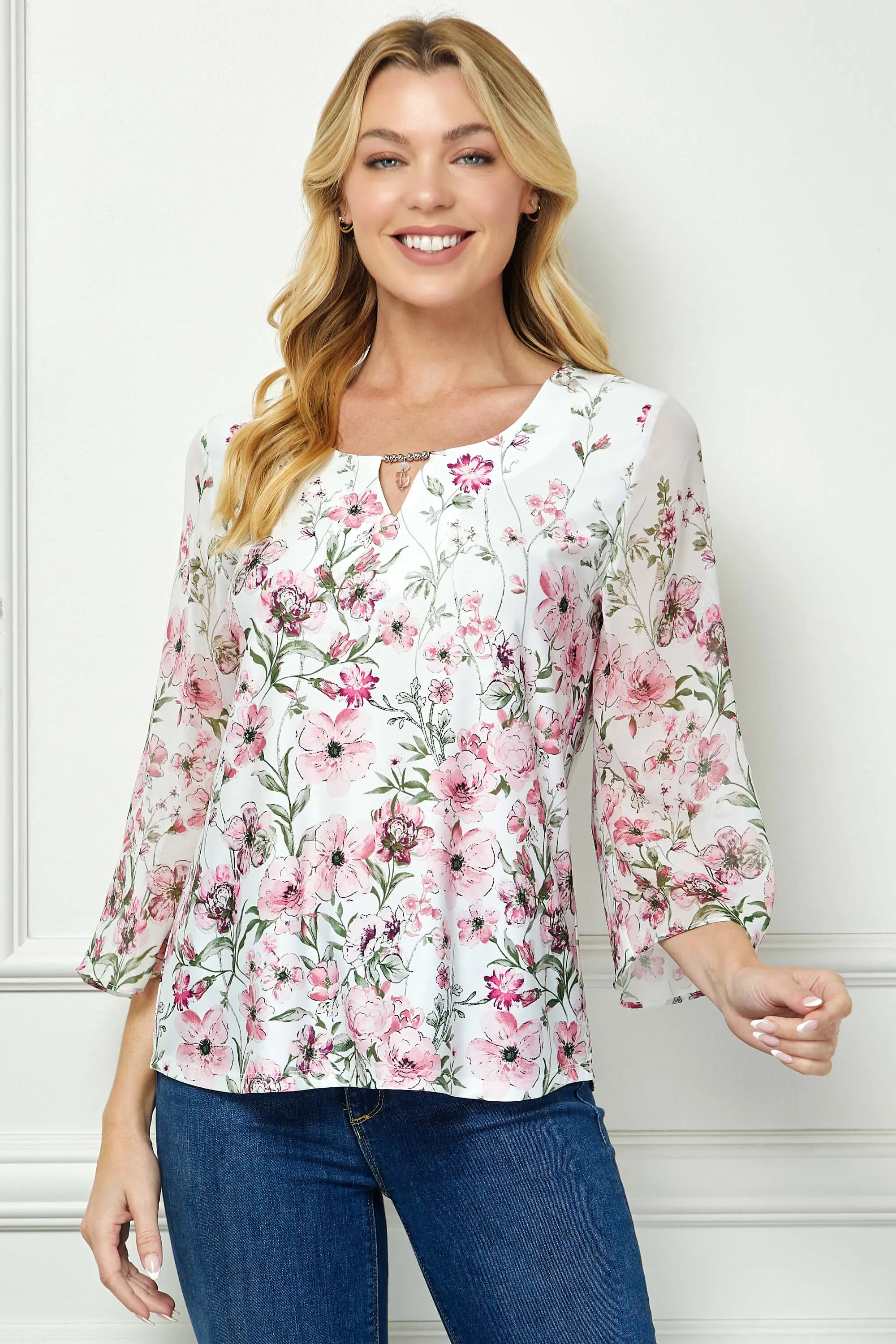 3/4 Flare Sleeve Cutout Neck Border Print Blouse - Ivory sold by Dress Barn