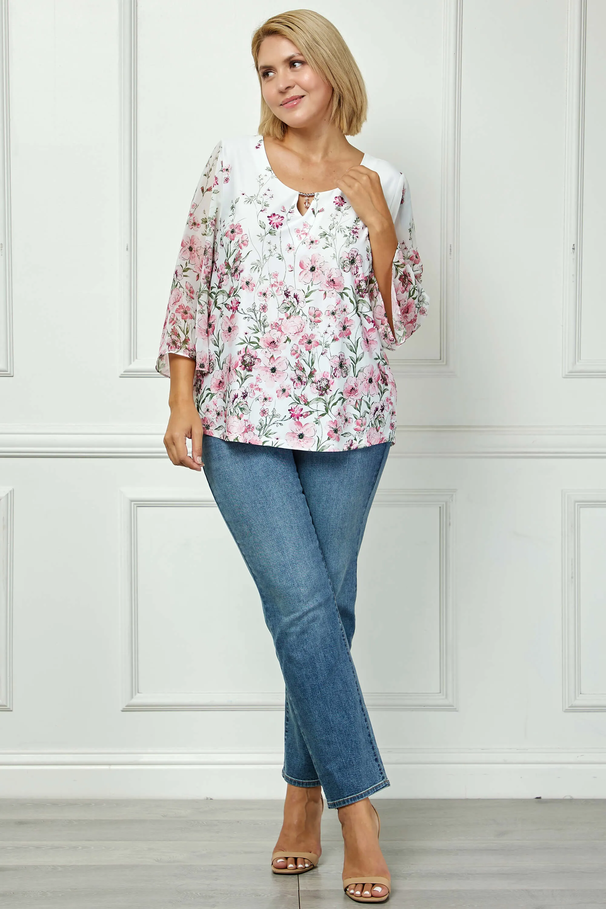 3/4 Flare Sleeve Cutout Neck Border Print Blouse - Ivory - Plus sold by Dress Barn product image thumbnail 2