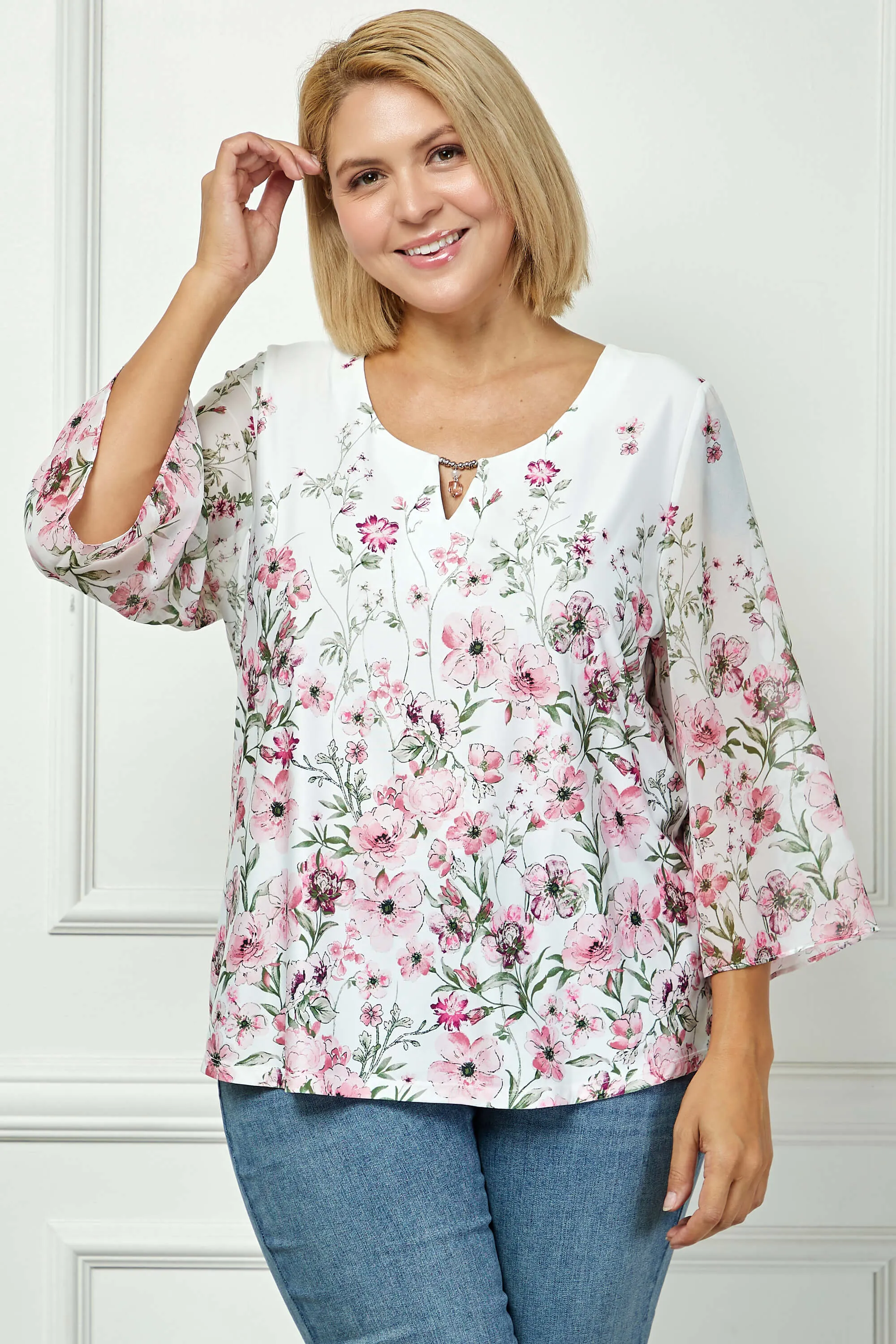 3/4 Flare Sleeve Cutout Neck Border Print Blouse - Ivory - Plus sold by Dress Barn