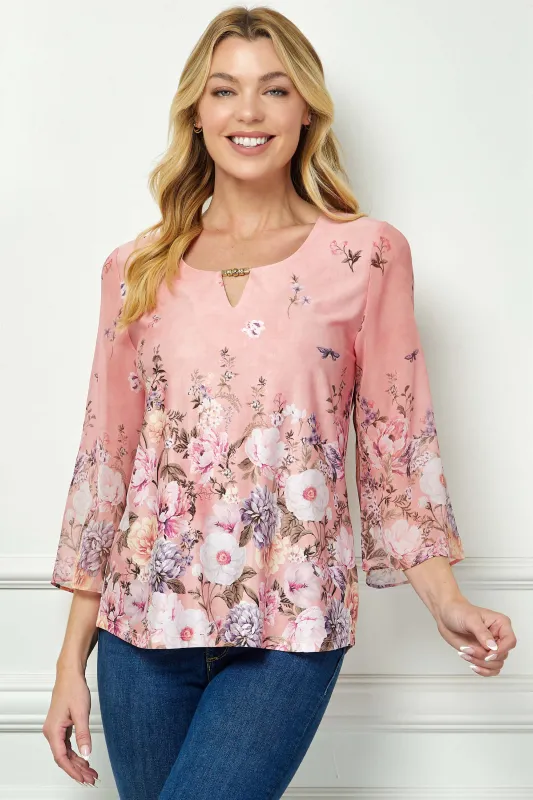 3/4 Flare Sleeve Cutout Neck Border Print Blouse - Pink sold by Dress Barn