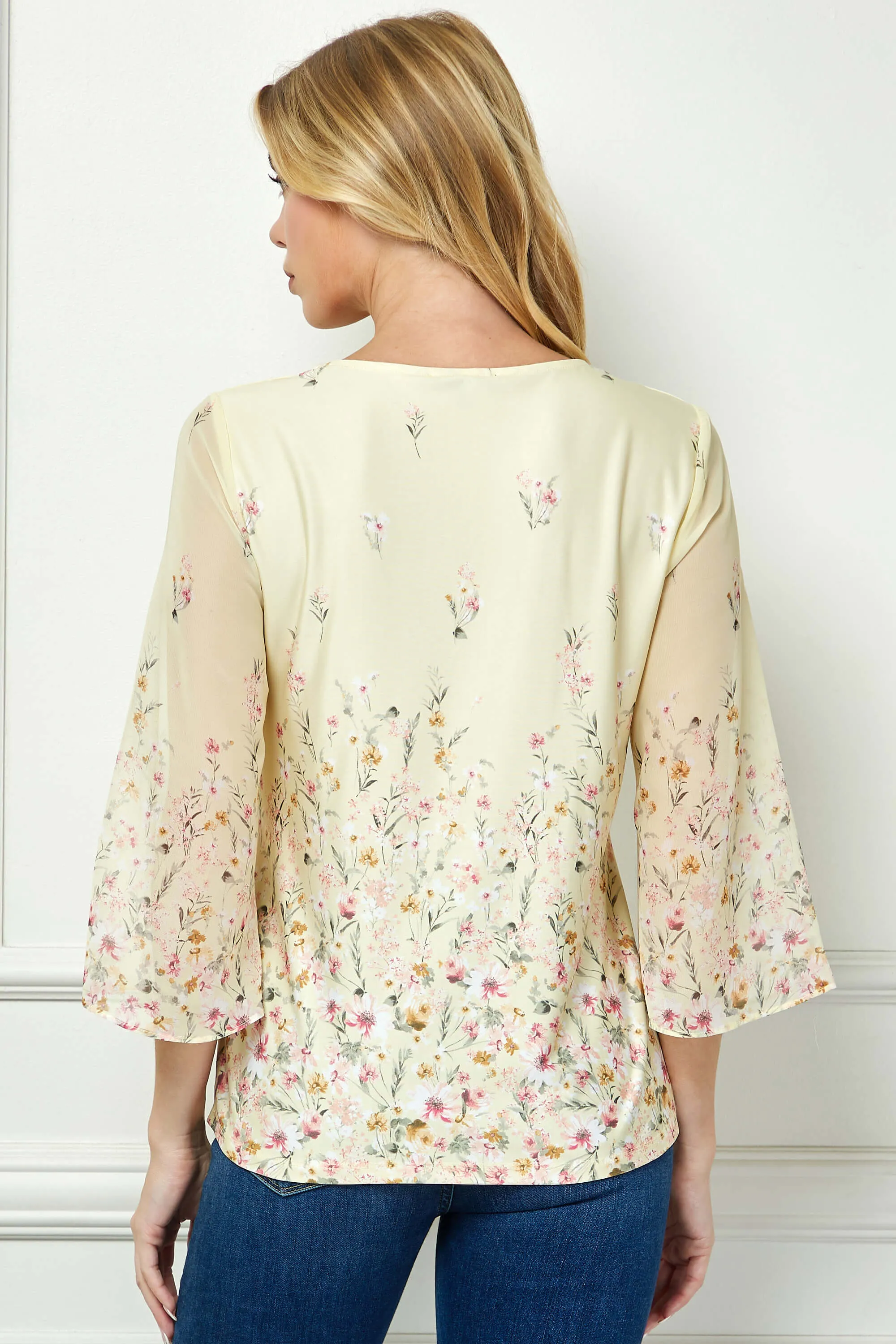 3/4 Flare Sleeve Cutout Neck Border Print Blouse - Yellow sold by Dress Barn product image thumbnail 4