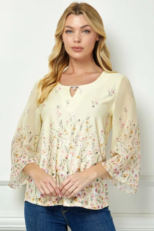 3/4 Flare Sleeve Cutout Neck Border Print Blouse - Yellow sold by Dress Barn