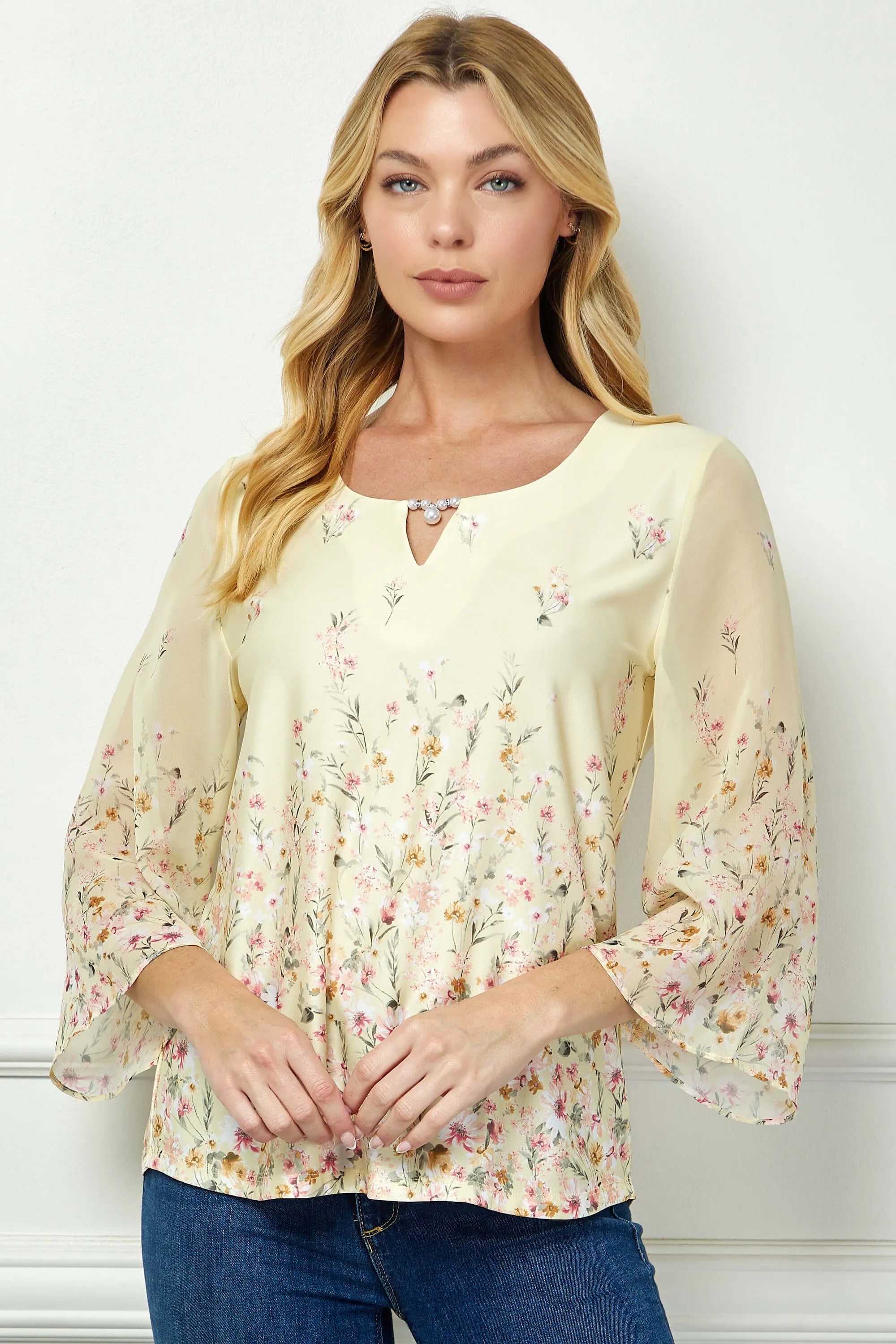 3/4 Flare Sleeve Cutout Neck Border Print Blouse - Yellow sold by Dress Barn