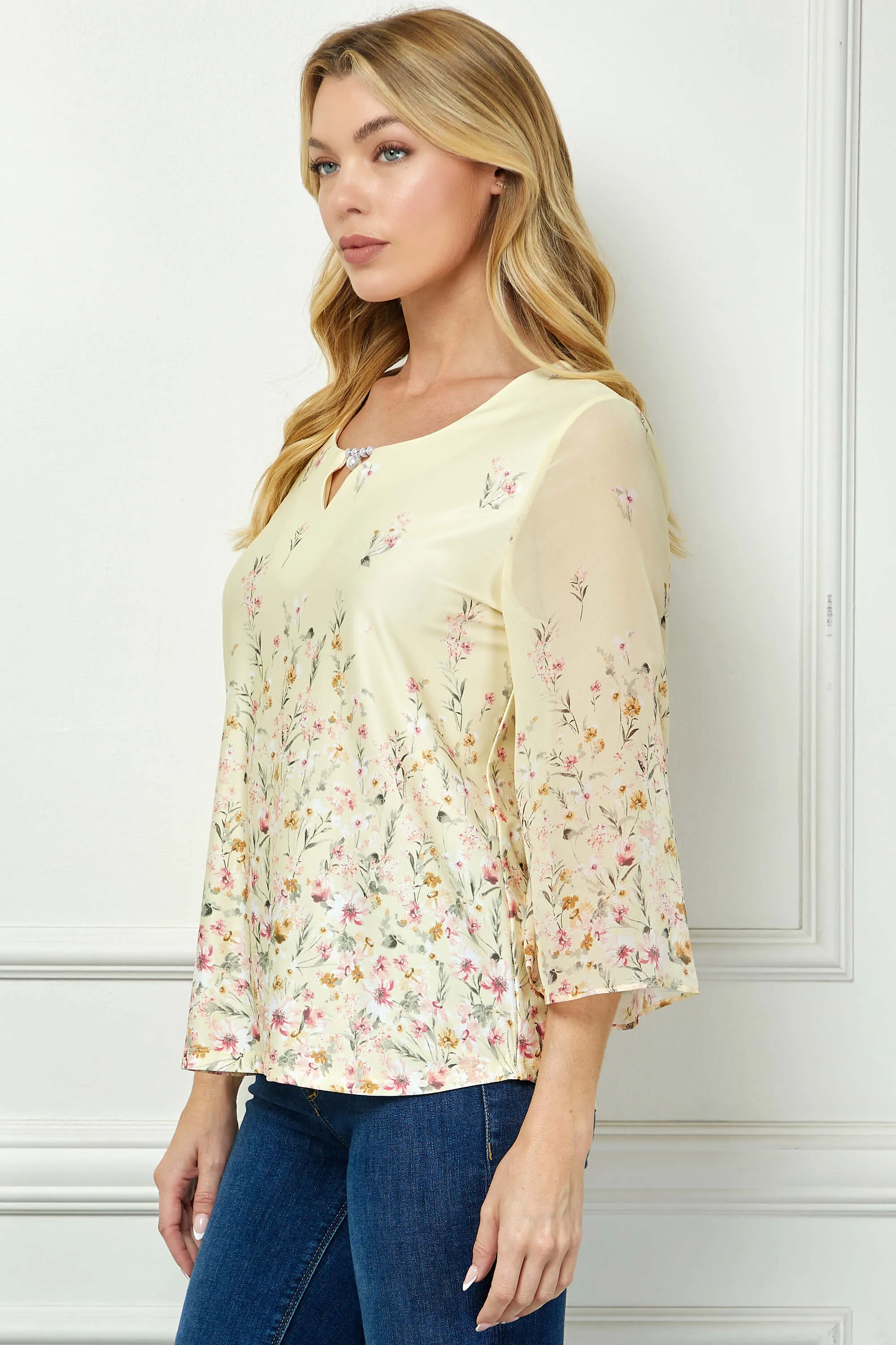 3/4 Flare Sleeve Cutout Neck Border Print Blouse - Yellow sold by Dress Barn product image thumbnail 3