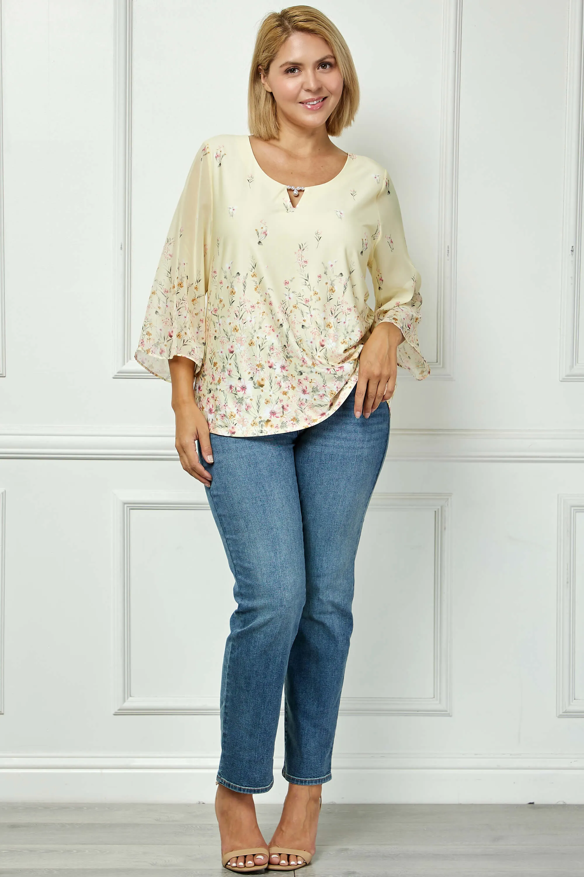 3/4 Flare Sleeve Cutout Neck Border Print Blouse - Yellow - Plus sold by Dress Barn product image thumbnail 2