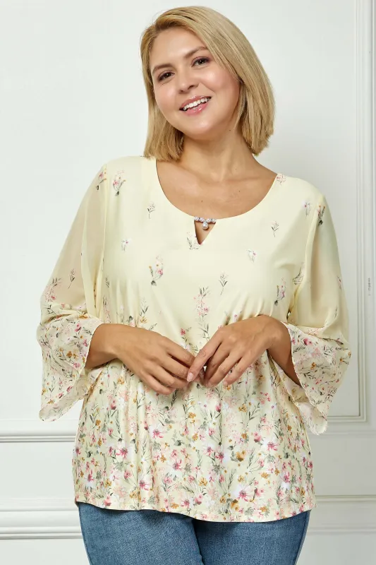 3/4 Flare Sleeve Cutout Neck Border Print Blouse - Yellow - Plus sold by Dress Barn