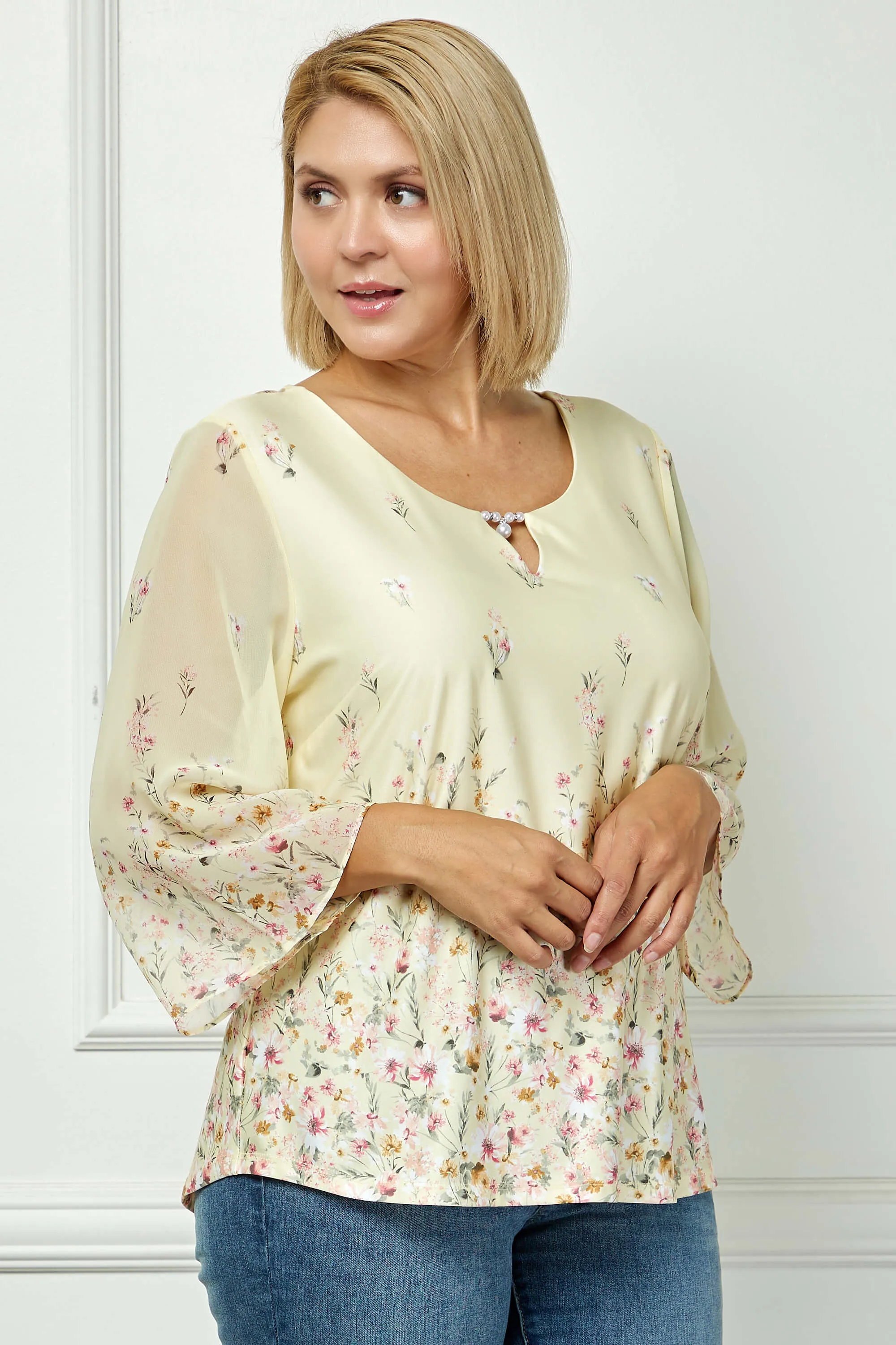 3/4 Flare Sleeve Cutout Neck Border Print Blouse - Yellow - Plus sold by Dress Barn product image thumbnail 3