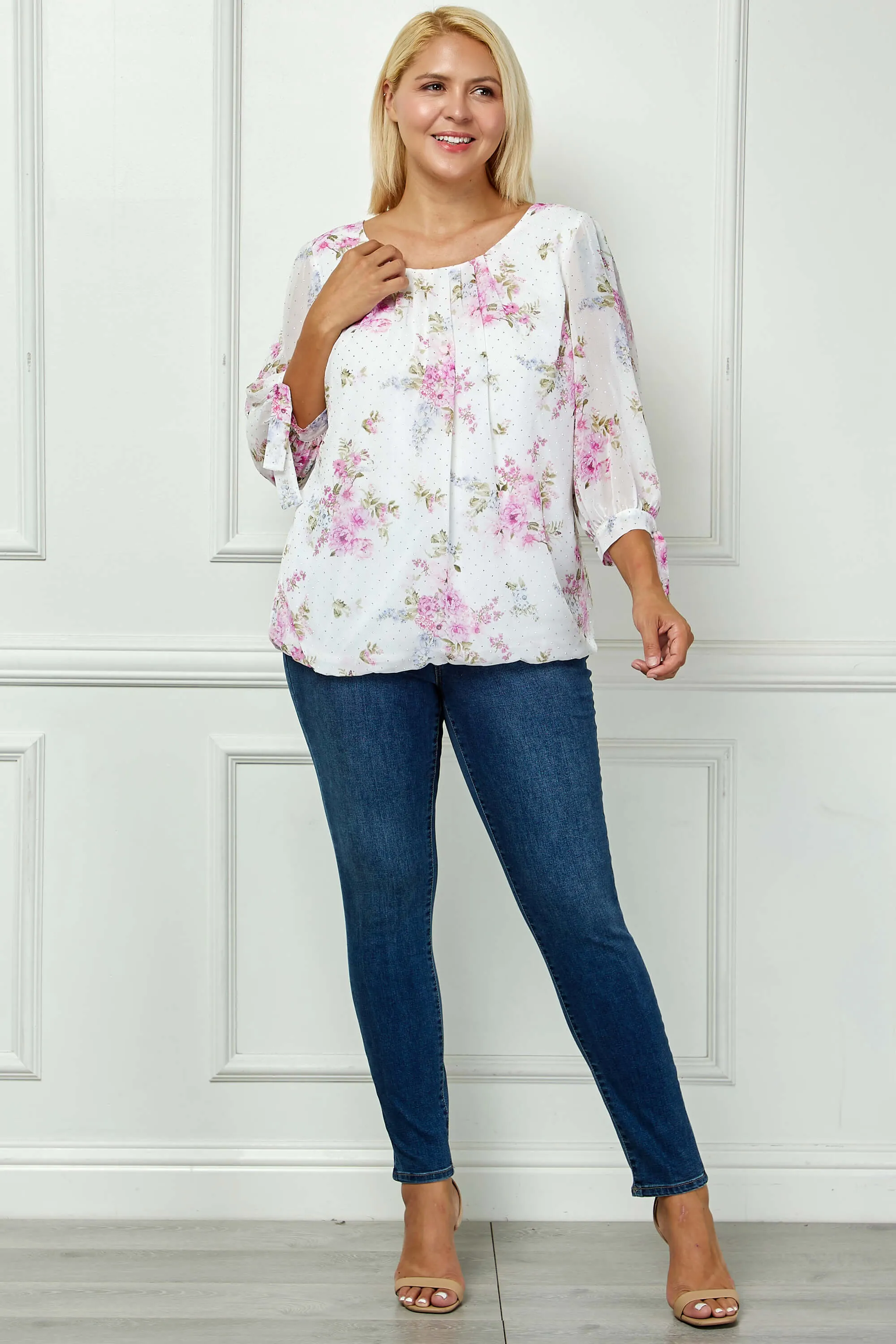 3/4 Tie Sleeve Pleat Neck Bubble Blouse in Ivory - Plus sold by Dress Barn product image thumbnail 2