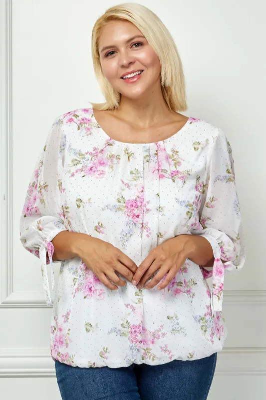 3/4 Tie Sleeve Pleat Neck Bubble Blouse in Ivory - Plus sold by Dress Barn