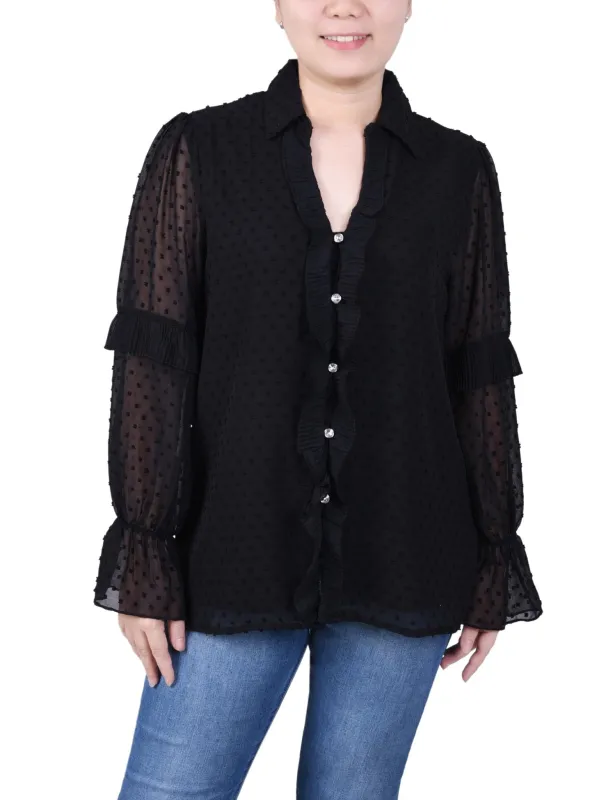 Long Sleeve Dotted Chiffon Blouse - Petite made by Dress Barn