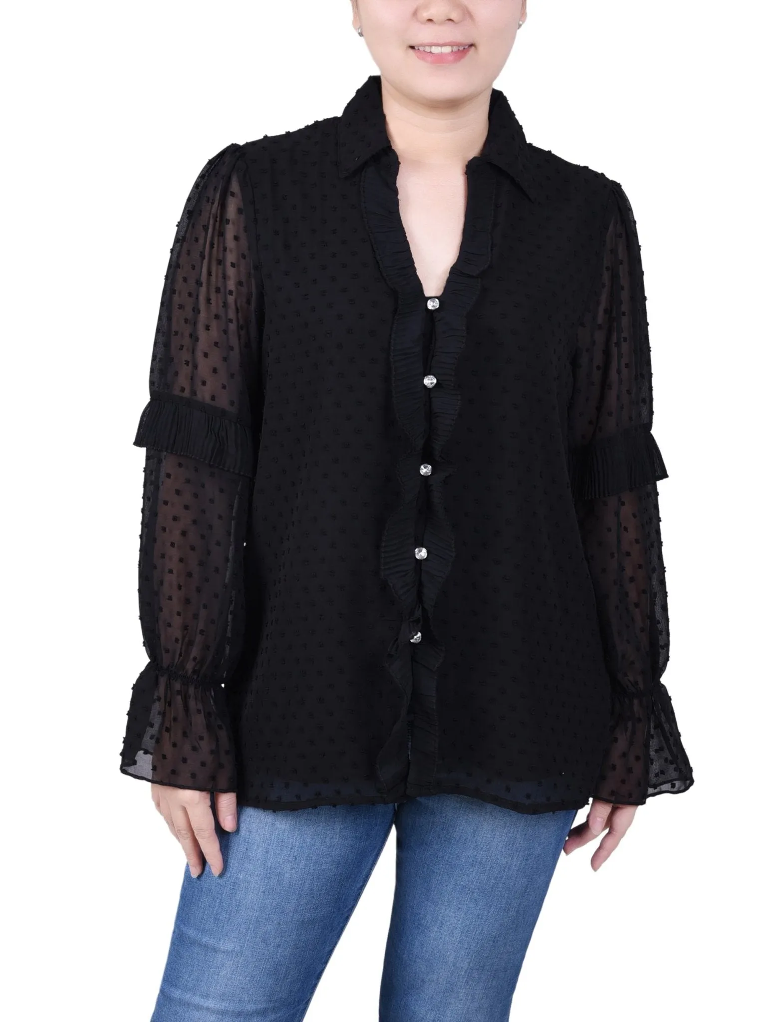 Long Sleeve Dotted Chiffon Blouse - Petite sold by Dress Barn