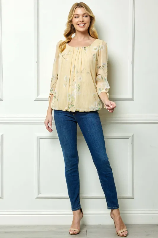 3/4 Tie Sleeve Pleat Neck Bubble Blouse in Yellow sold by Dress Barn