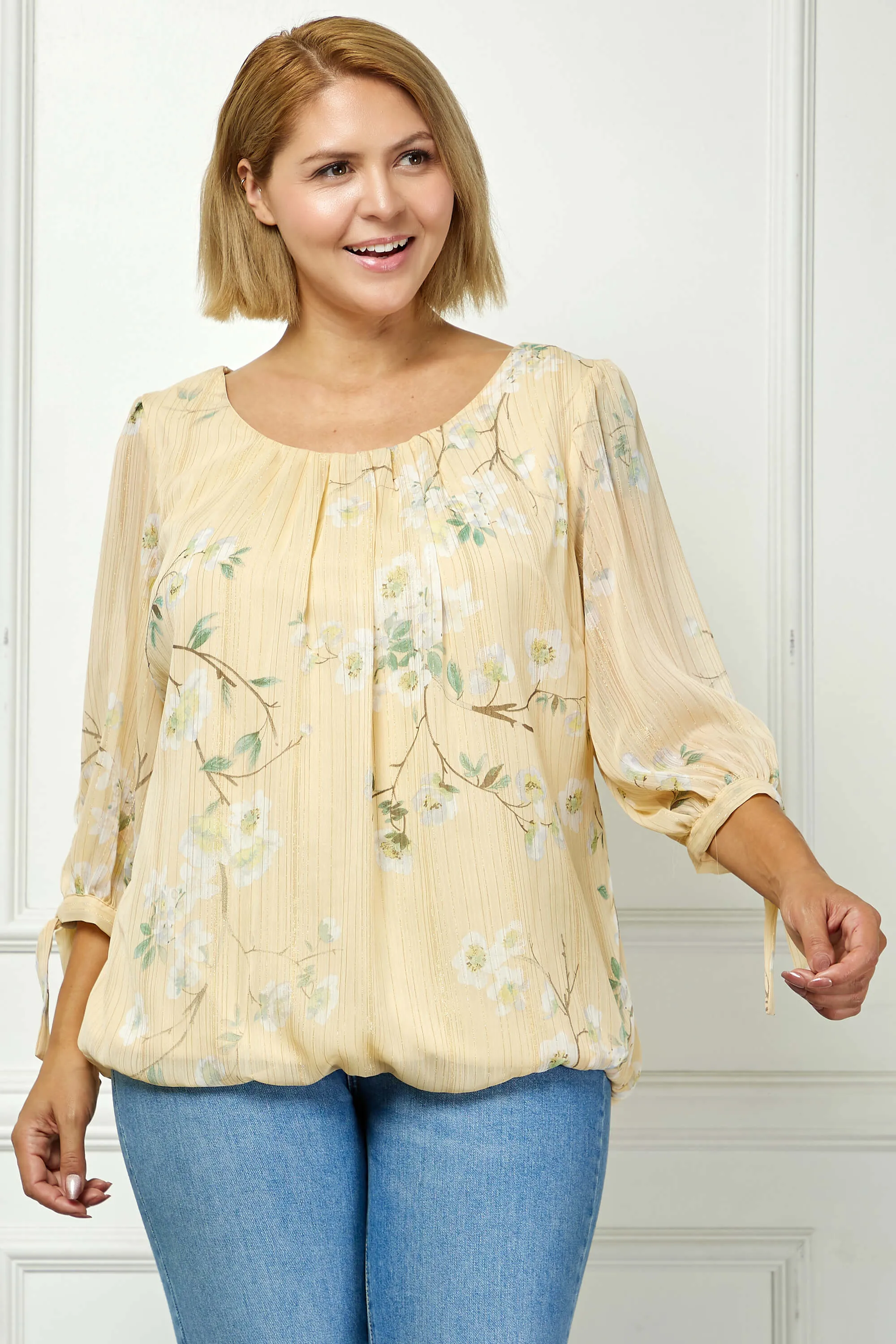 3/4 Tie Sleeve Pleat Neck Bubble Blouse in Yellow - Plus sold by Dress Barn product image thumbnail 2