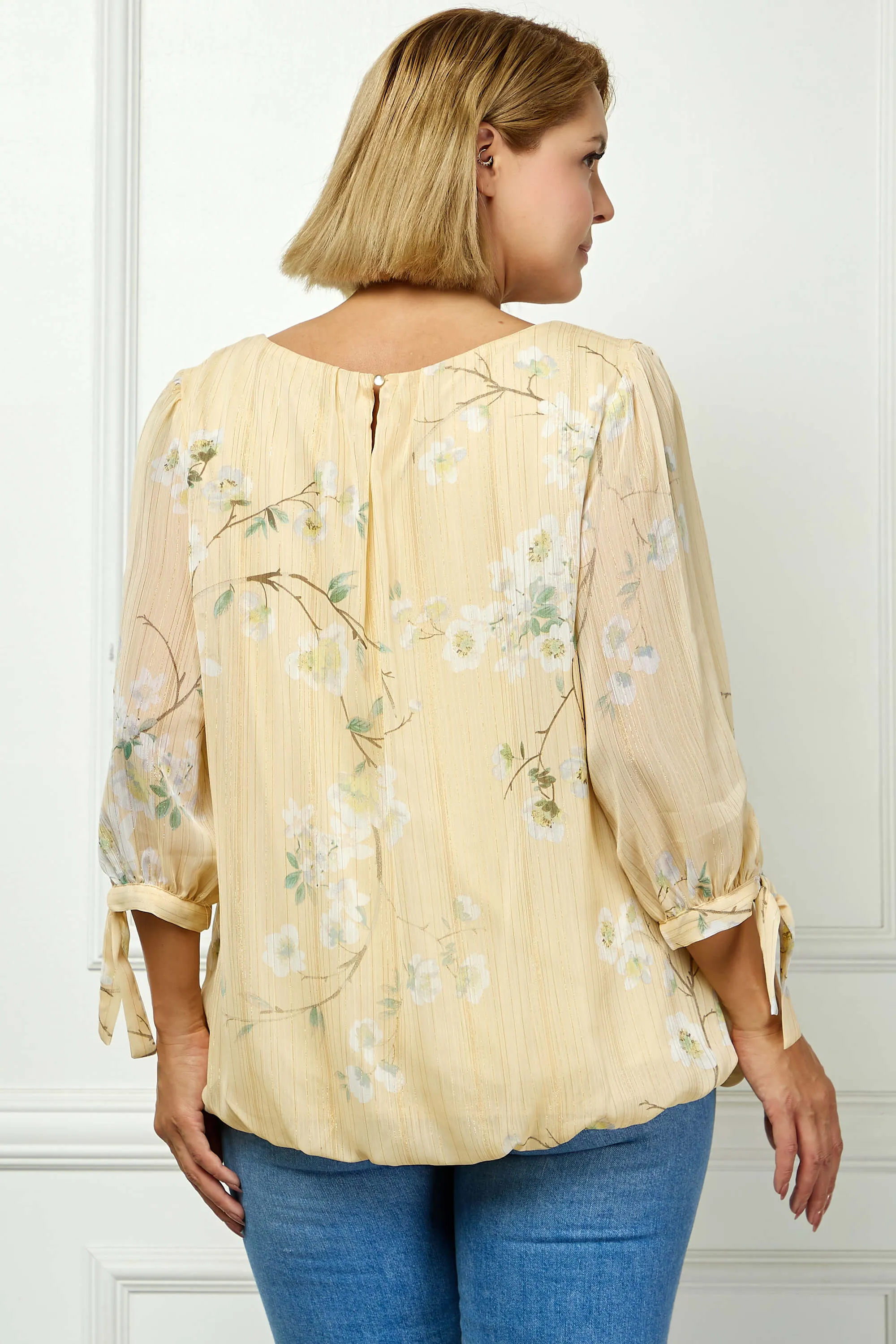 3/4 Tie Sleeve Pleat Neck Bubble Blouse in Yellow - Plus sold by Dress Barn product image thumbnail 4