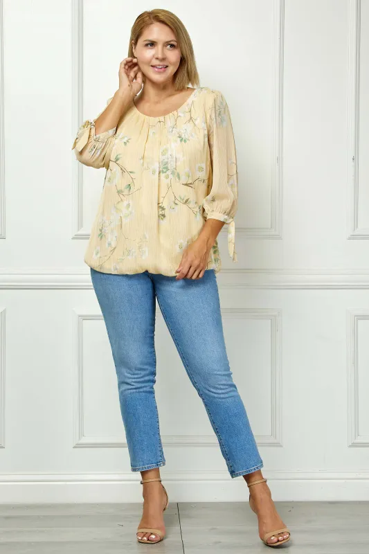 3/4 Tie Sleeve Pleat Neck Bubble Blouse in Yellow - Plus sold by Dress Barn