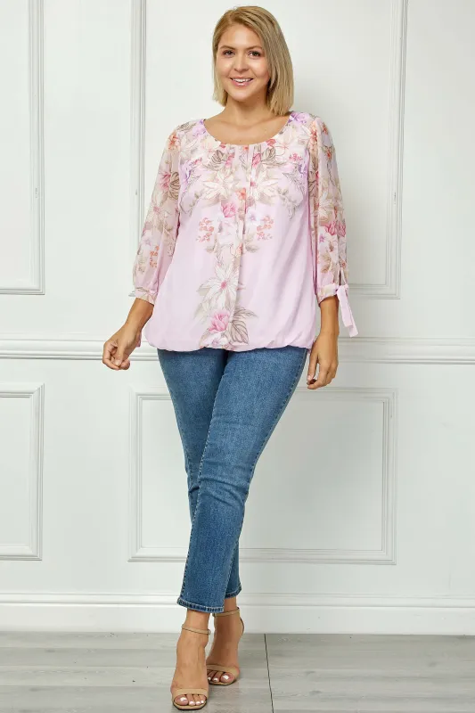 3/4 Tie Sleeve Pleat Neck Placement Print Bubble Blouse in Pink/Melon - Plus sold by Dress Barn