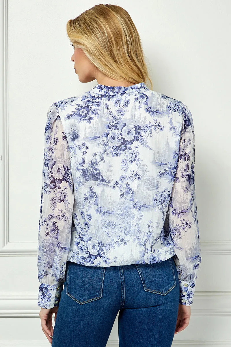 Long Cuff Sleeve V-Neck Button Front Tie Blouse in Blue sold by Dress Barn product image thumbnail 4
