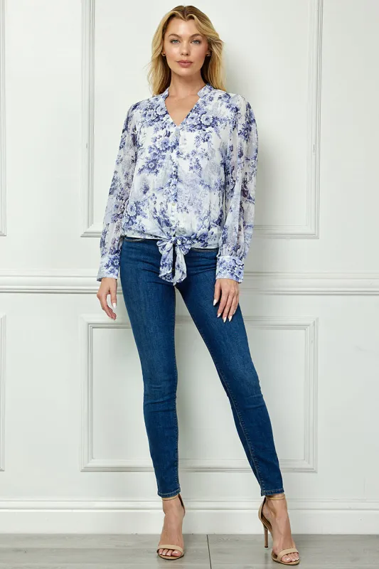 Long Cuff Sleeve V-Neck Button Front Tie Blouse in Blue made by Dress Barn