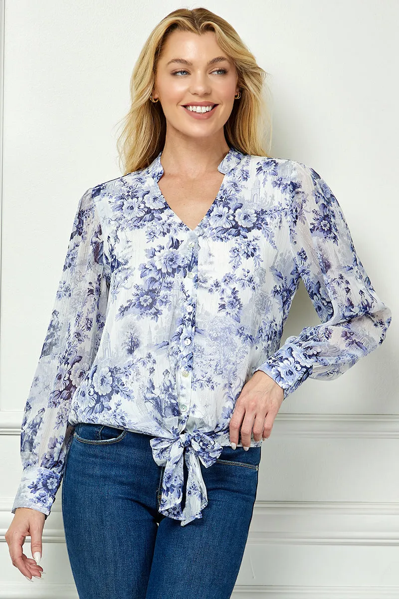 Long Cuff Sleeve V-Neck Button Front Tie Blouse in Blue sold by Dress Barn product image thumbnail 2