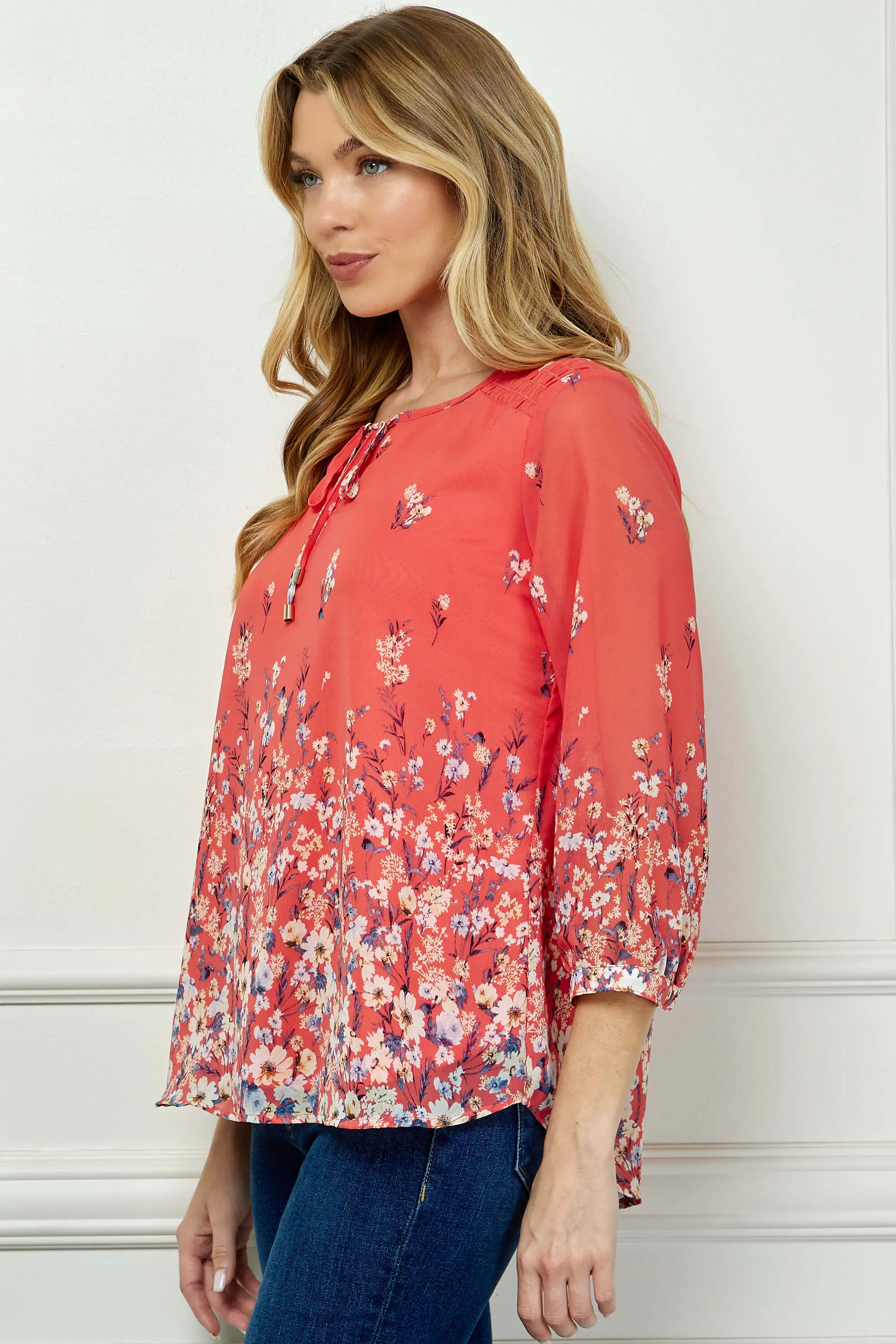 3/4 Button Cuff Sleeve Tie Neck Border Print Blouse in Coral sold by Dress Barn product image thumbnail 3