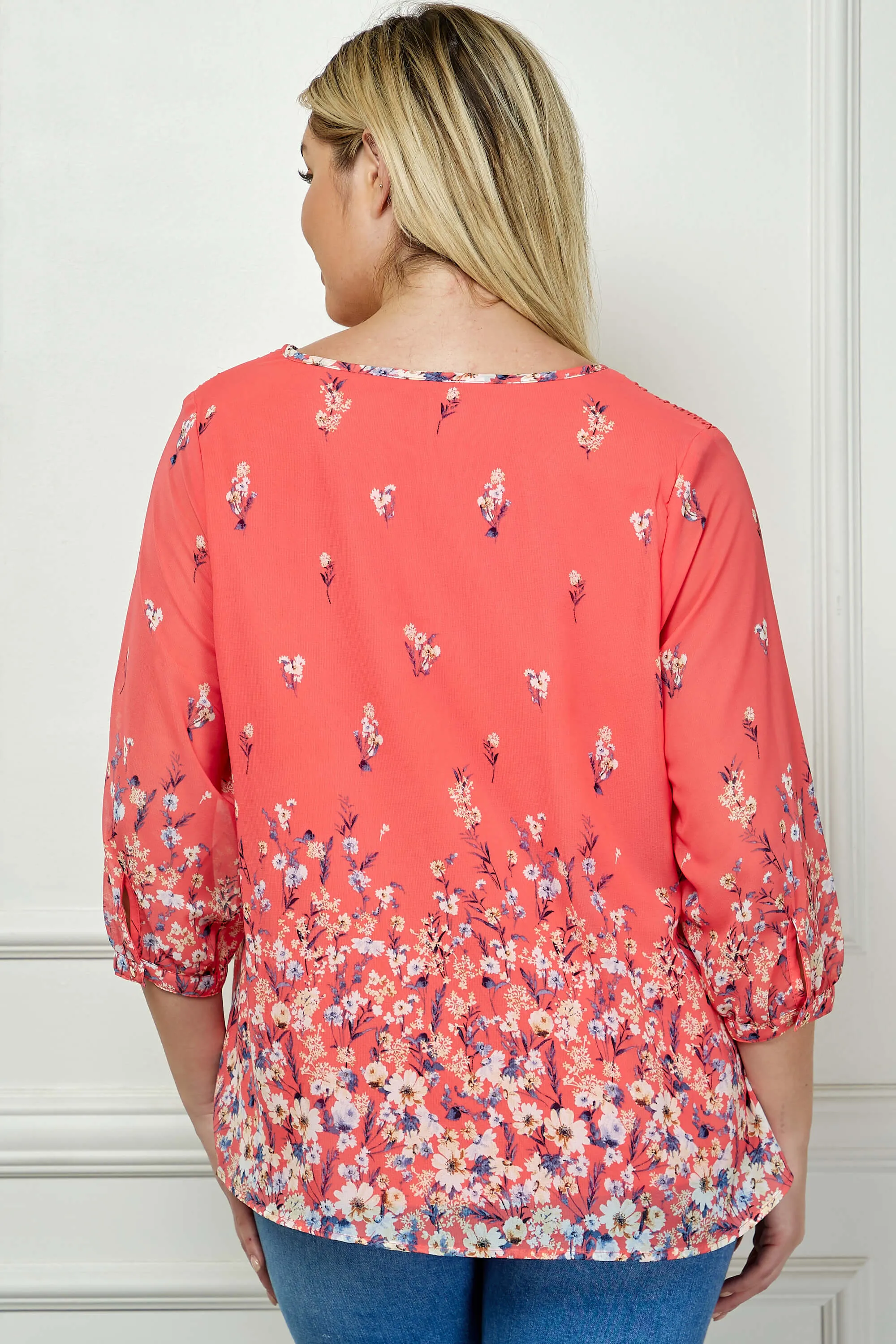 3/4 Button Cuff Sleeve Tie Neck Border Print Blouse in Coral - Plus sold by Dress Barn product image thumbnail 4